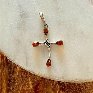 Sterling silver cross natural amber stone pendant